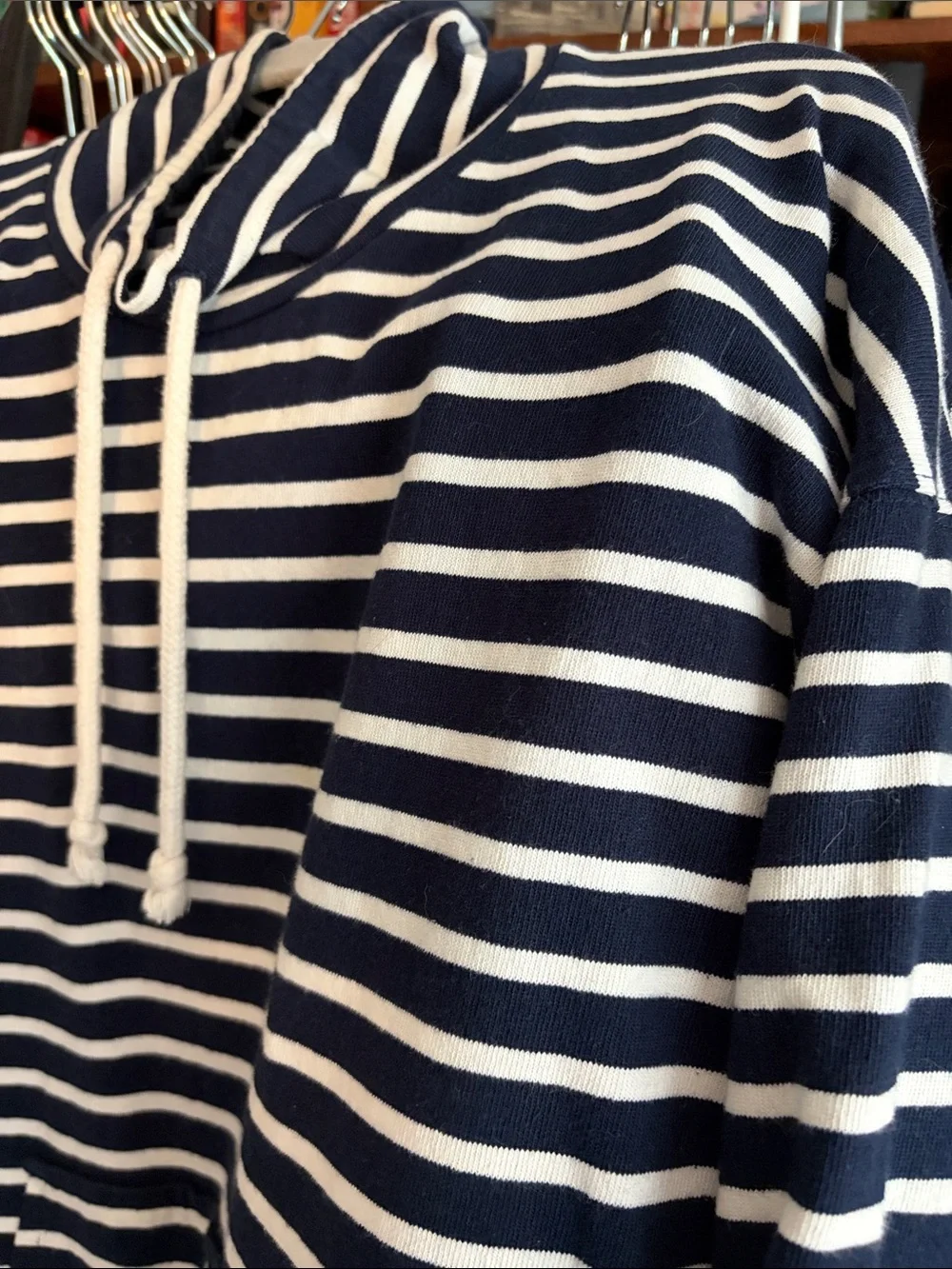 J. Crew Navy and White Striped Funnel-Neck Pullover